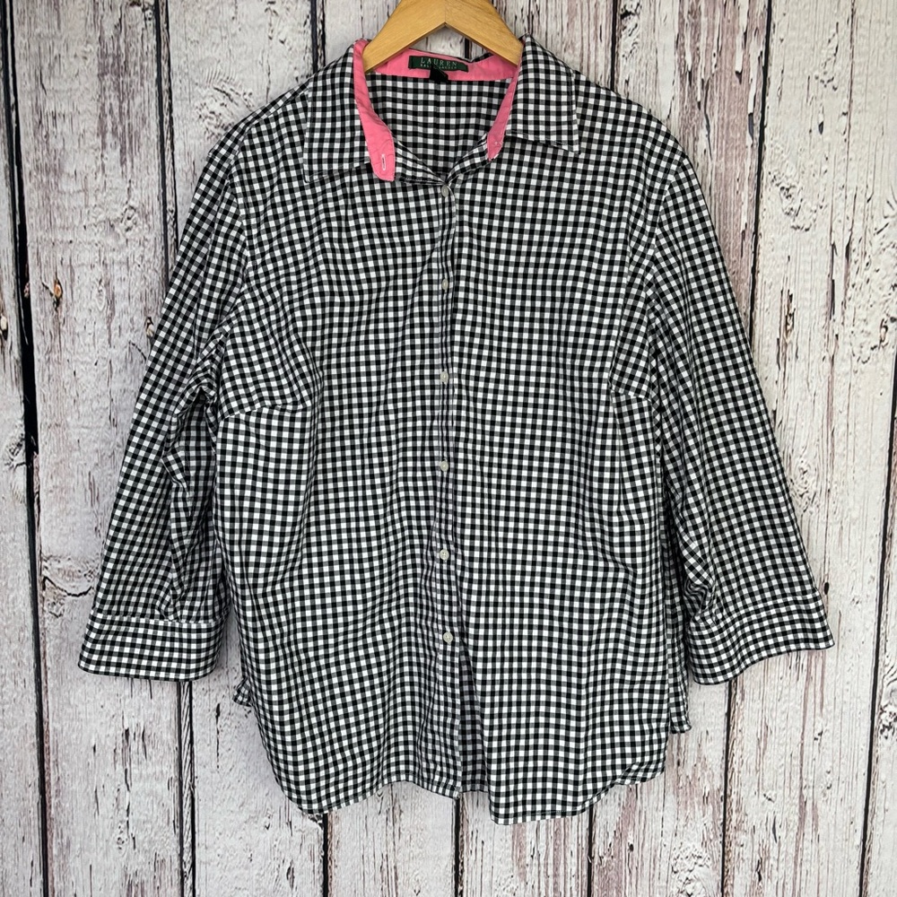 Lauren Ralph Lauren Plus Size 2X Black White Gingham Check Button Down Shirt Top - Picture 4 of 13